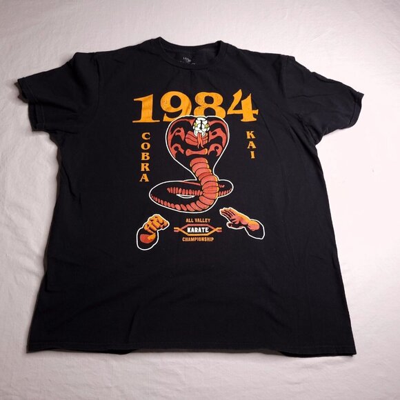 Retro Karate Kid Mens T-Shirt Cobra Kai Large All Valley Tournament 1984 Black - Picture 2 of 4